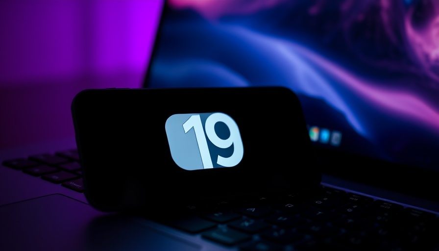 iOS 19 logo on smartphone over laptop keyboard, purple glow.