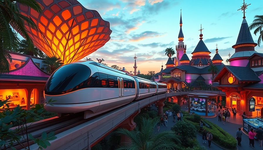 Futuristic Disneyland expansion concept with monorail and vibrant lighting.
