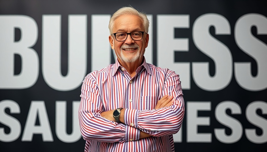 Smiling man in striped shirt, business-themed background.