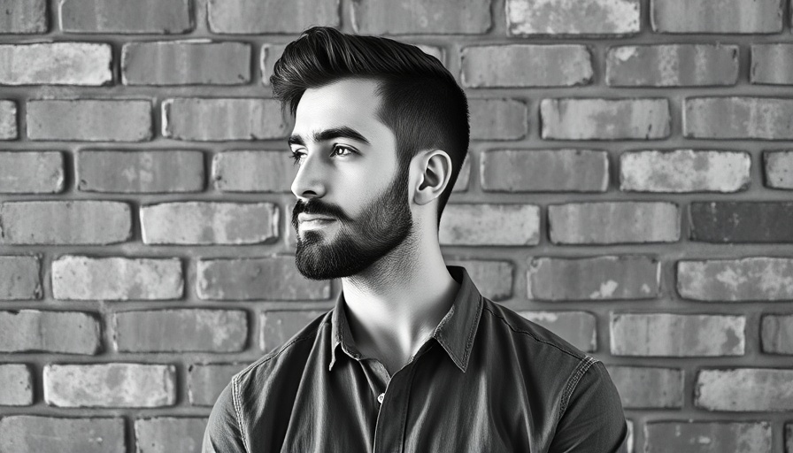 Confident man in casual attire reflecting against a brick wall