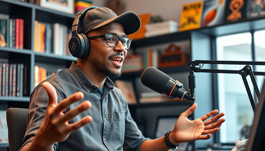 Confident speaker at podcast desk discussing entrepreneurship