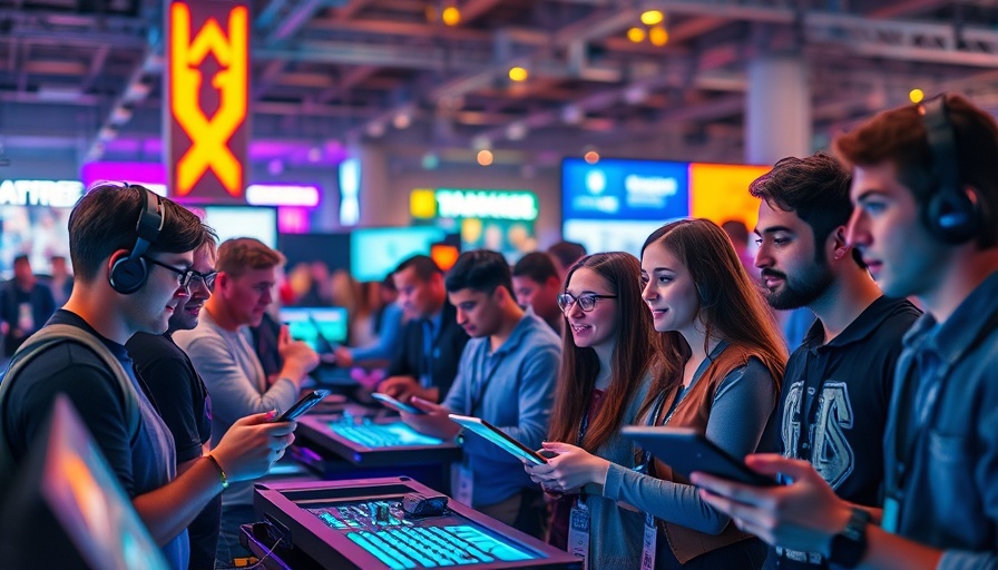 Tech enthusiasts at a vibrant expo with new gadgets, 2025.