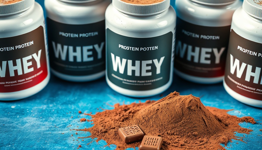 Assorted best whey protein powders on a textured blue background.