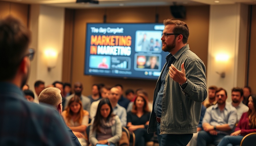 Speaker discusses marketing concepts with visuals, highlighting how to use AI in business growth.