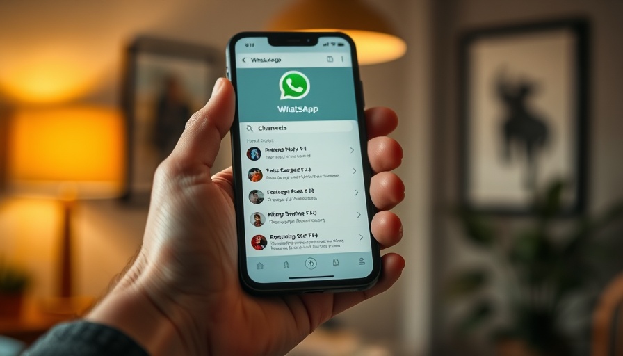 Smartphone showing WhatsApp channels interface, cozy indoor lighting.