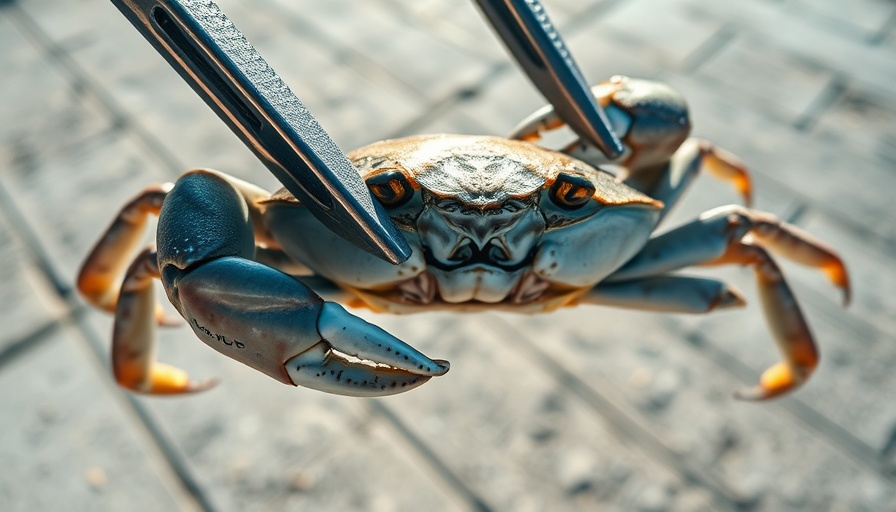 Outdoor activity in Florida: Close-up of a crab being held by tongs.