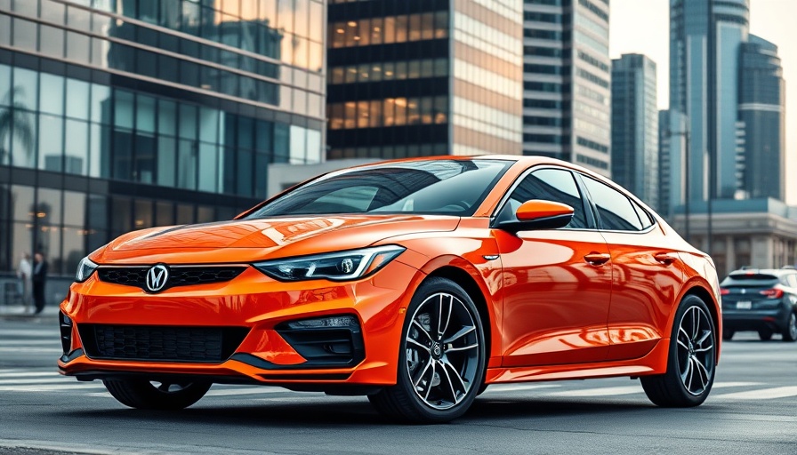 Vibrant orange car parked in bustling modern cityscape.