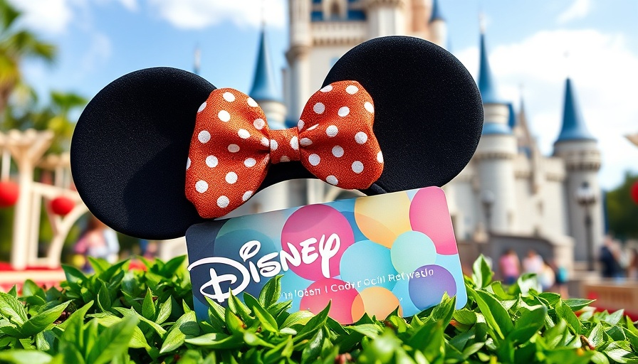 Colorful Disney Mickey ears and card in front of castle, Orlando theme park setting.