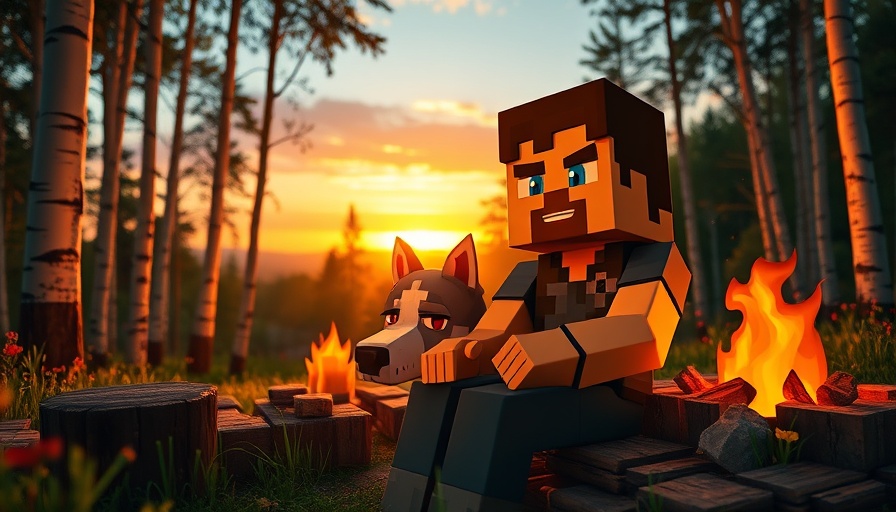 Minecraft photo mode Vibrant Memories: avatar and wolf by campfire at sunset.