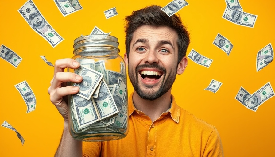 Young man celebrating wealth with cash jar, symbolizing U.S. millionaires growth 2024.