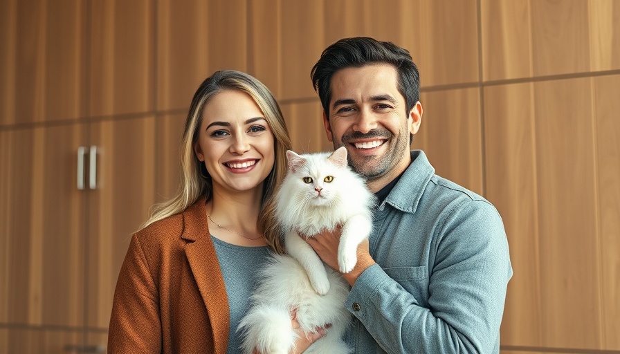 Smiling couple with cat in modern home interior, home design feature.