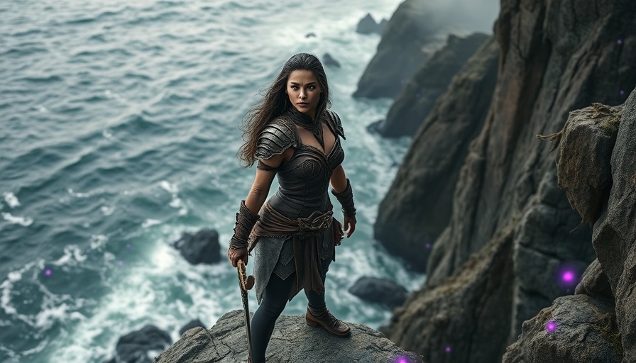 Fantasy warrior on cliff above sea, surrounded by magic particles.