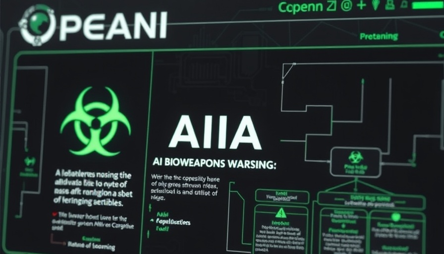 AI bioweapons warning digital interface flowchart with biohazard symbols