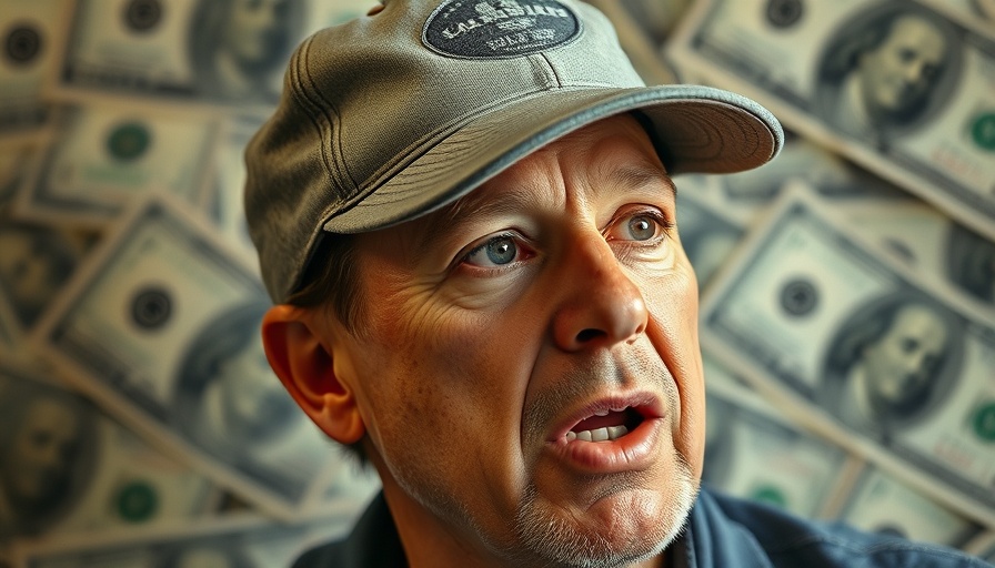 Middle-aged man discussing financial success with dollar bills background, live shopping revenue boost.