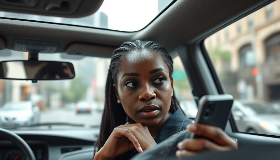 New York City rideshare driver adjusting phone, focused.