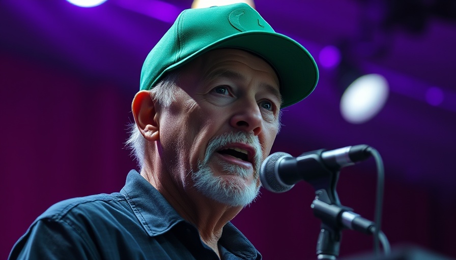 Middle-aged man in green cap speaking on stage with microphone.