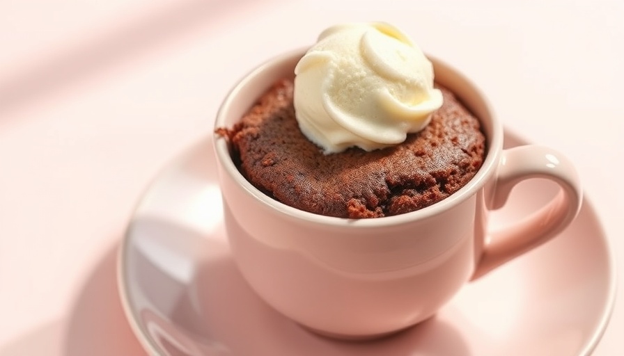 Decadent Chocolate Mug Cake Recipe with ice cream in pink mug.