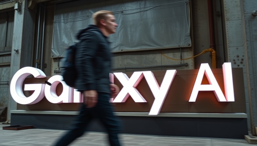 Blurred figure near Galaxy AI sign, AI-powered gadgets context.