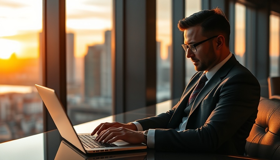 Focused man working on laptop during sunset cityscape, expense management software.