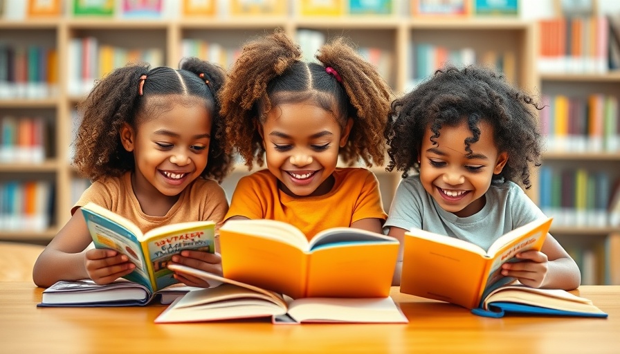 Diverse children reading books in library promoting parenting guide.