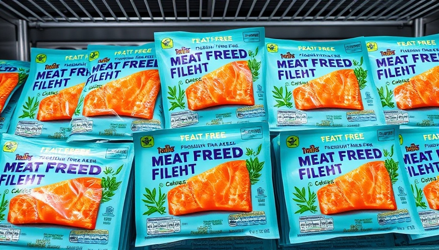 Vibrant plant-based fish fillets packaging in store display.