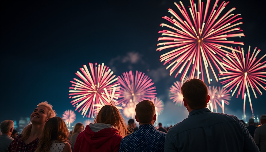 Family enjoying Orlando Fourth of July fireworks display under night sky.