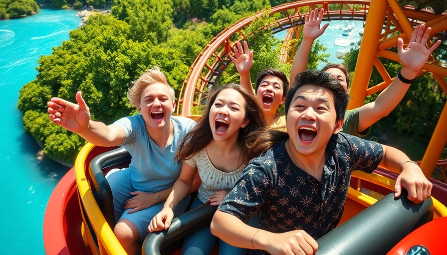 Thrilled riders on an Orlando roller coaster with vibrant scenery.
