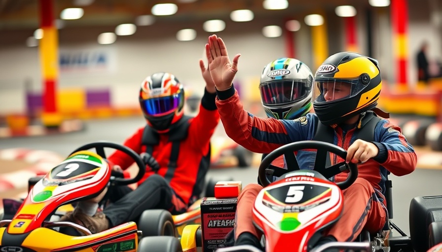Go-kart racers high-five on track, capturing Budget-Friendly Orlando fun.