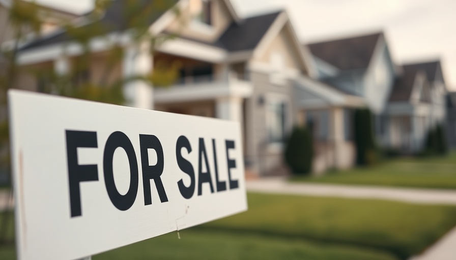 Real estate 'For Sale' sign in focus, house blurry, slowing home price hikes concept.