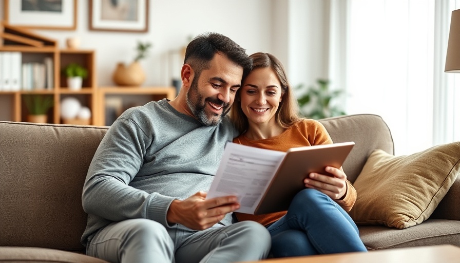 Couple reviewing financial documents on sofa, cozy setting.
