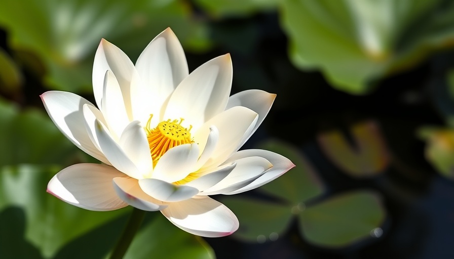 Serene white lotus in pond, representing purity and calm.