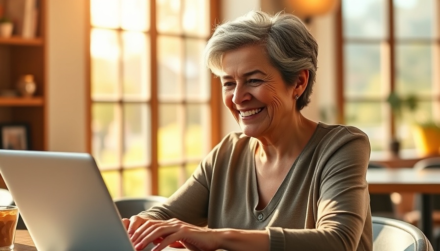 Older woman working on laptop in sunlit cafe to increase visibility at work.