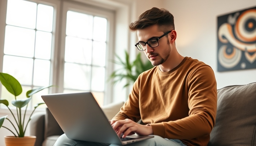 Young man working remotely in cozy living room for time tracking policy.