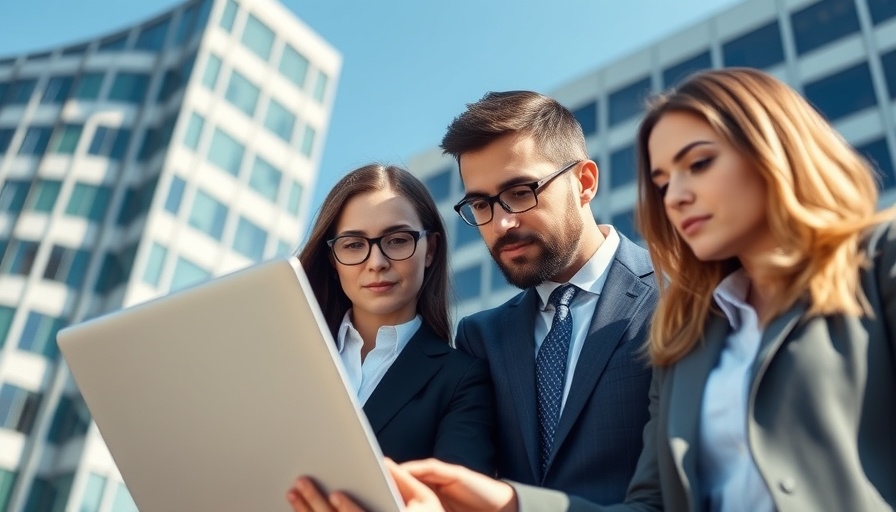 Professionals discussing work on a laptop outside office.