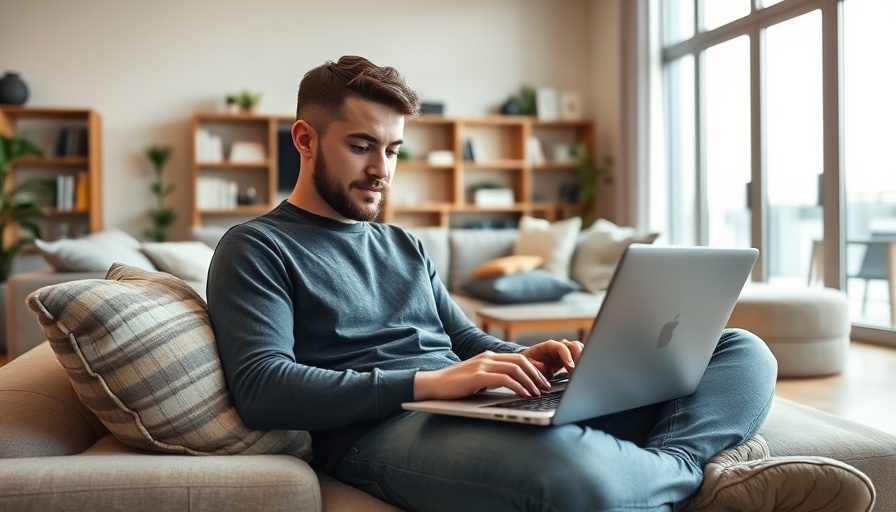 Man using laptop in cozy living room for scalable time tracking solutions.