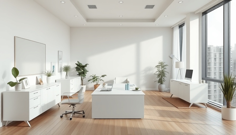 Modern feng shui office layout with white furniture and natural light.