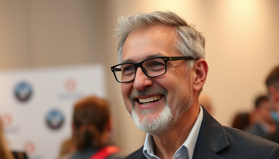 Man smiling at film premiere event in sunlight.