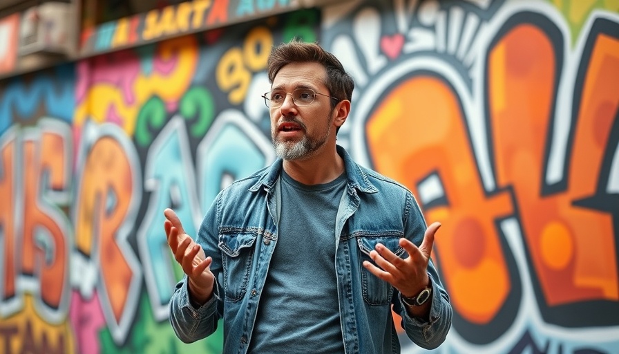 AI for entrepreneurs concept with energetic speaker and colorful backdrop.