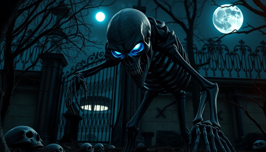 Halloween Horror Nights 2025: Grave of Flesh graphic with eerie skeleton.