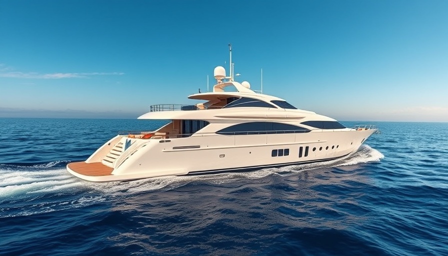 Luxury yacht cruising ocean waters, symbolizing market growth, serene scenery.