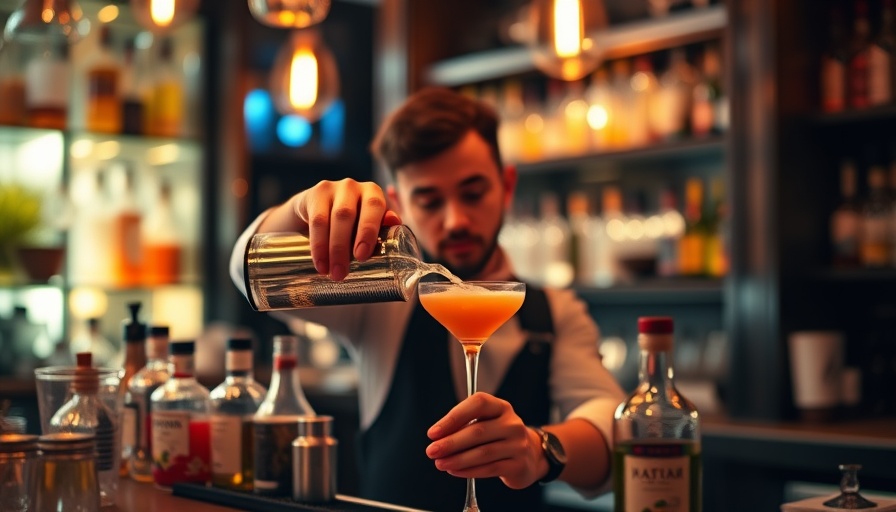 Bartender creating a cocktail in a lively bar setting.