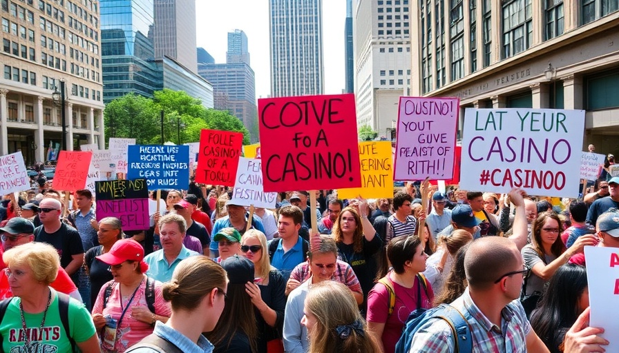 NYC casino proposals protest in vibrant city setting.