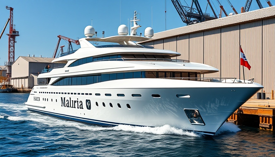 Luxury yacht launching at shipyard with festive flags.