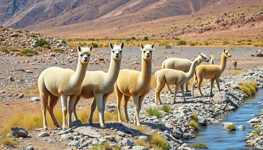 Inquisitive llamas by a stream in a rocky, grassy landscape.