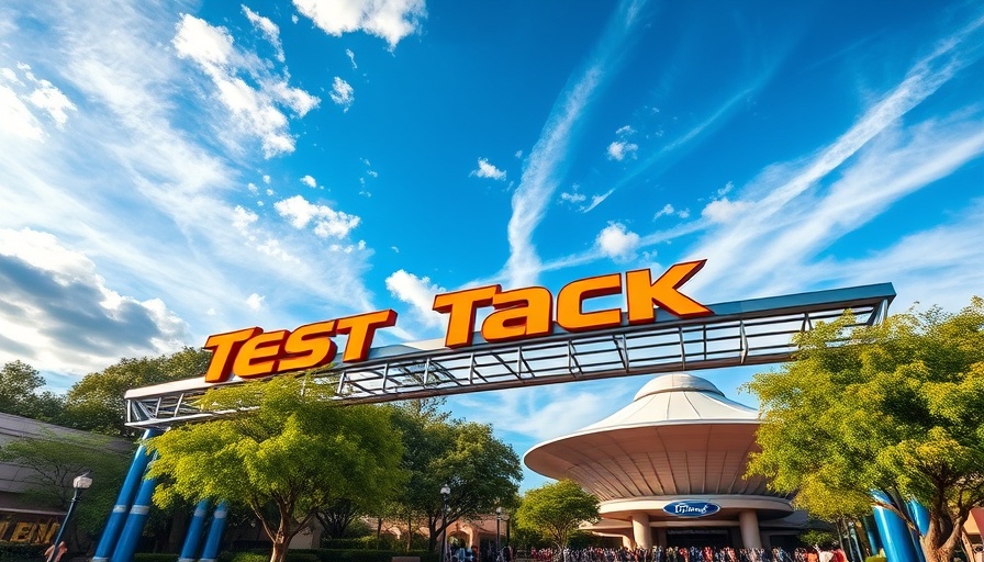 Test Track 3.0 Epcot sign with a bright sky background.
