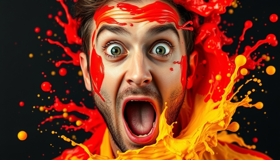 Energetic splash art of a surprised man with colorful explosion, AI automation for entrepreneurs