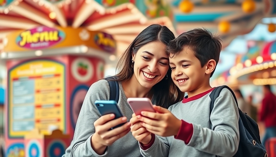 Mother and son checking Disney app updates for dining reservations.