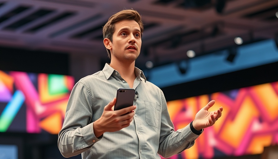 AI optimization for small businesses: Man speaking into smartphone at event.