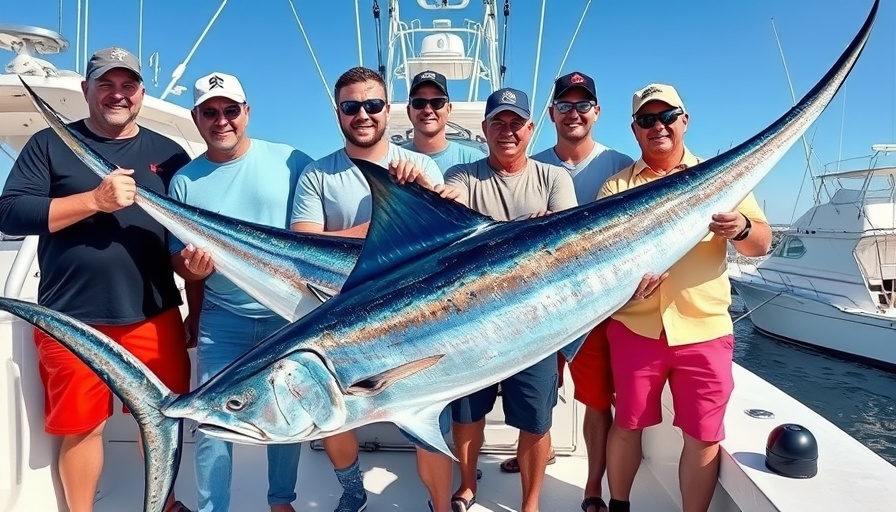 New Hampshire fishermen with a large swordfish catch on a boat.
