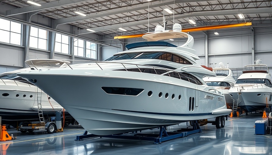 Luxurious yacht in workshop, prepared for auction, spacious and well-lit.